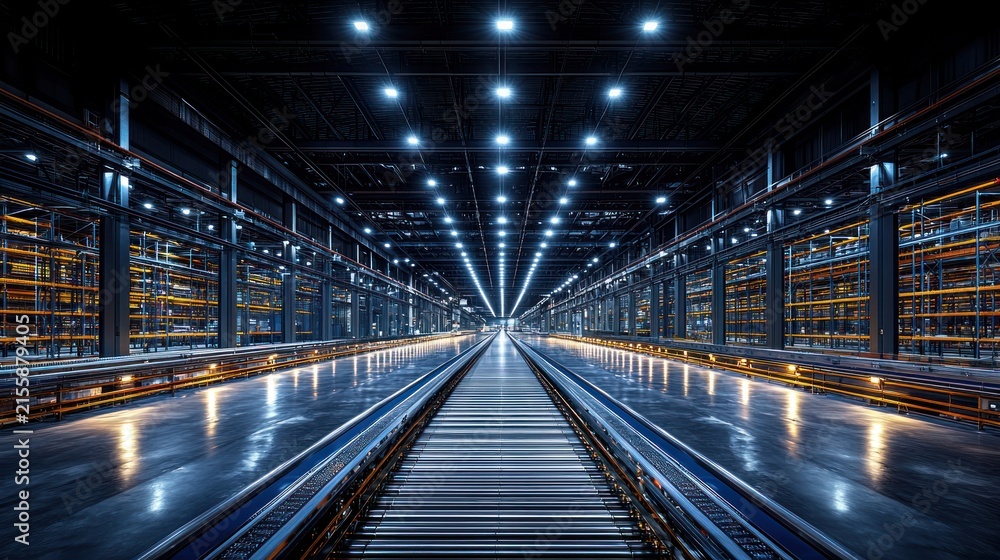 Naklejka premium Futuristic Warehouse Interior with Rows of Shelves and Bright Lights.