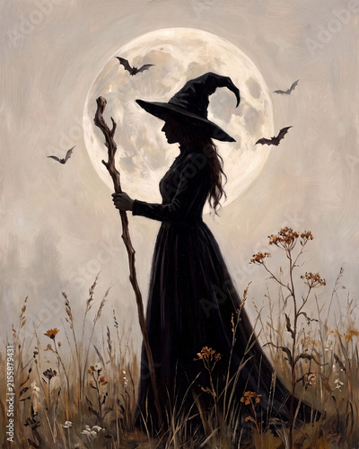 A silhouette of a witch holding a staff, standing in a field with a full moon and bats in the background.
