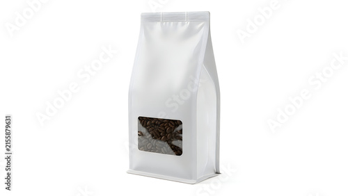 White coffee bag mockup with transparent window isolated on white background