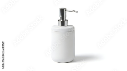 White soap dispenser with a metal pump isolated on white background
