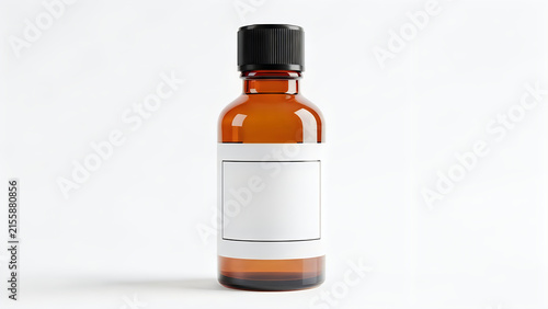 Small amber glass medicine bottle with blank label isolated on white background