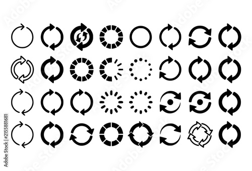 Fotografie Black rotate arrow vector pack with circular loading refresh and workflow direct