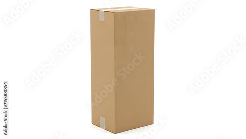 Tall rectangular cardboard delivery box sealed with tape isolated on white background