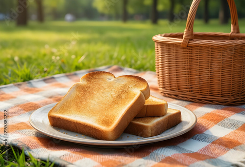 Toasted bread slices on a plate with a picnic basket and checkered blanket in a sunny park setting, a wicker picnic basket sits nearby, a leisurely meal or gathering