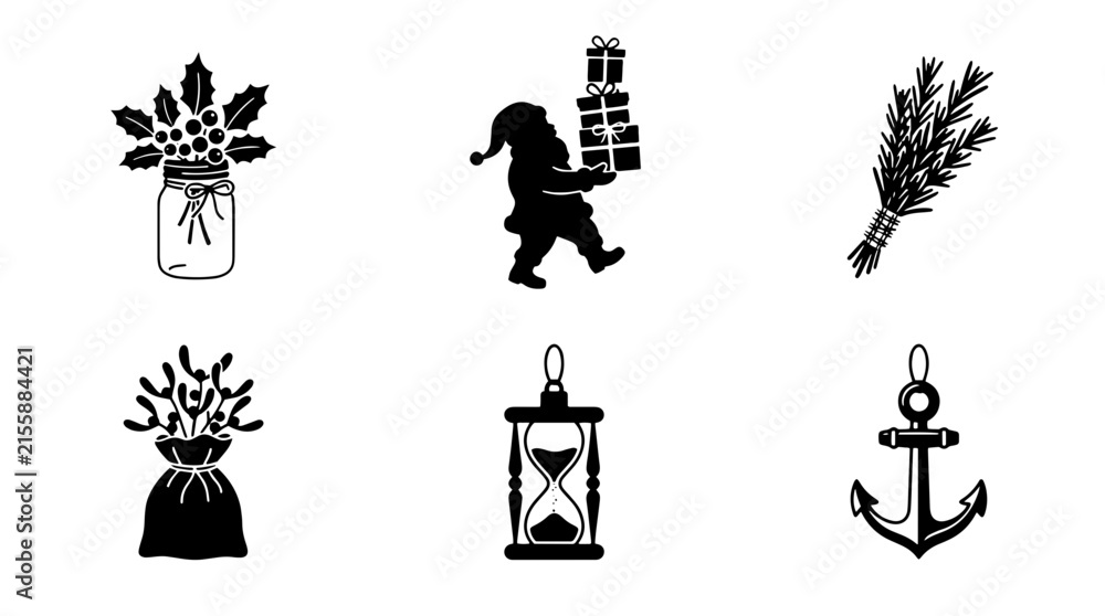 Naklejka premium Set of black silhouette icons featuring holiday and nautical elements including holly, gift-bearing figure, pine branch, burlap sack, hourglass