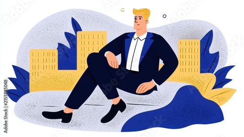 Modern Businessman Relaxing and Thinking Outdoors in City Park Scene