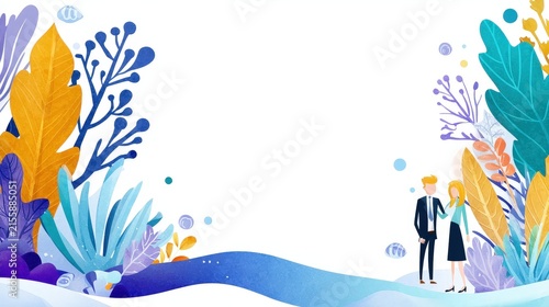 Elegant Couple Walking Through Vibrant Botanical Landscape with Colorful Foliage