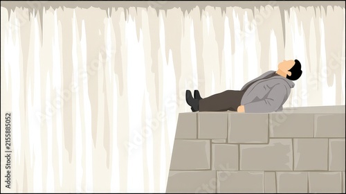 Man Resting and Relaxing on Stone Wall Near Waterfall in Nature Scene