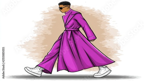 Stylish Person Walking in Oversized Purple Dress and White Sneakers