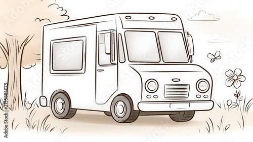 Vintage-style Illustration of an Old-fashioned Food Truck Traveling in Nature
