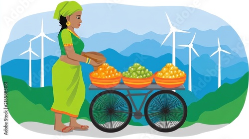 Traditional Woman Selling Fresh Fruits From a Mobile Cart in Scenic Mountain Landscape
