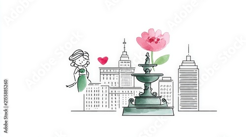 Whimsical cityscape with a hand-drawn girl, fountain, and pink flower against skyscraper backdrop
