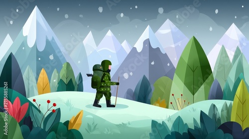 Soldier Hiking Through Snowy Mountain Landscape with Evergreen Trees and Falling Snow