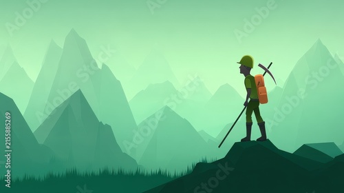 Asleep Hiker or Explorer Standing on Mountain Edge with Walking Stick Landscape Scene
