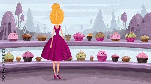Woman in pink dress and high heels selecting cupcakes at outdoor bakery stand