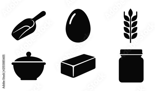 Baking ingredients and food storage silhouette icons set with ingredients silhouette collection