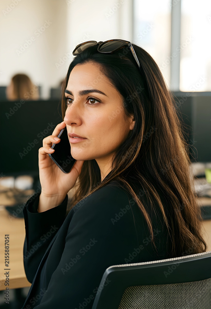 Fototapeta premium Professional woman in black blazer talking on a smartphone in a modern office environment, business communication