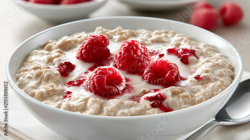 Bowl of creamy oatmeal porridge with fresh raspberries and berry sauce