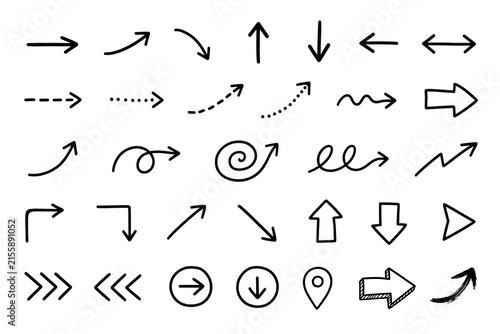 Set of various hand drawn scribble arrows and directional signs with direction