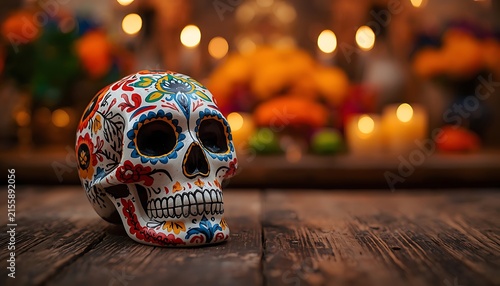 Vibrant hand-painted sugar skull on rustic wood for Dia de los Muertos celebration