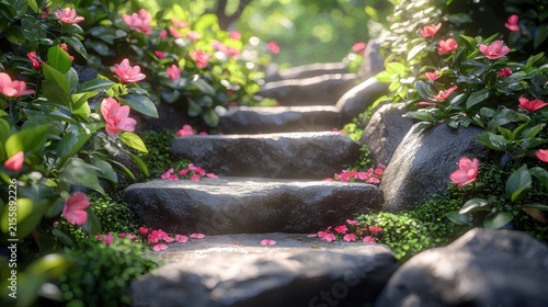 Enchanting Stone Stairway Lined with Vibrant Pink Flowers and Lush Greenery.
