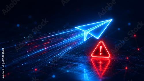 Glowing blue digital neon paper airplane speeding past a red warning sign representing failed message delivery spam alert and communication error in cyberspace