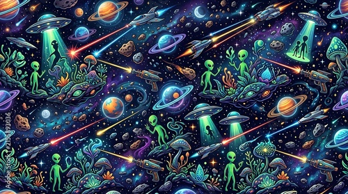 Vibrant alien sci-fi seamless pattern with UFOs, aliens, planets, and spaceships.