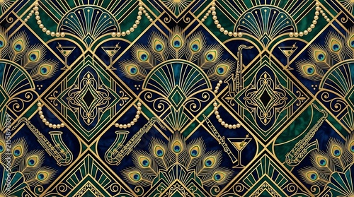Elegant Art Deco seamless pattern design with peacock feathers, gold, and geometric shapes.