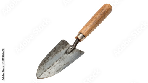 Fotografie Metal garden hand trowel shovel with wooden handle isolated on white background