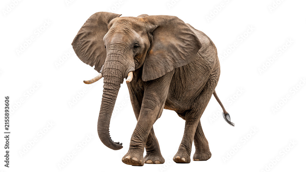 Obraz premium Indian elephant walking side view isolated on a white background wild animal wildlife