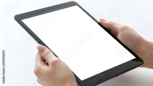 Person holding a black digital tablet with empty screen isolated on white background