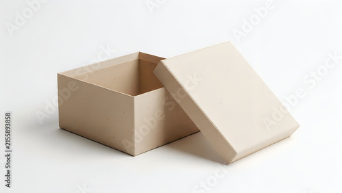 Open square cardboard box with lid aside isolated on white background