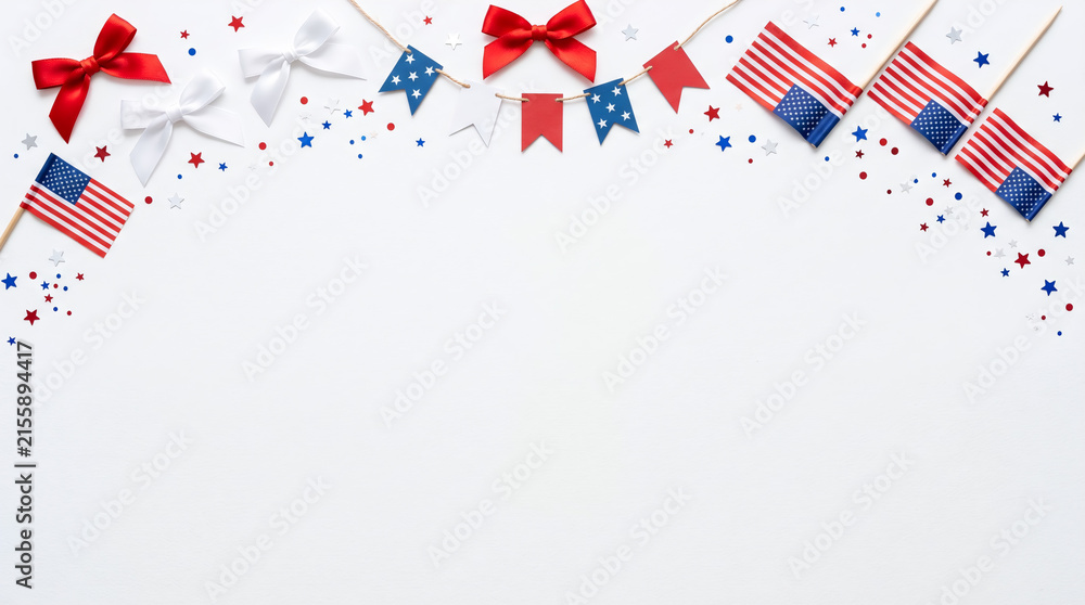 Obraz premium Mini country flags, red ribbons, and star confetti arranged on a plain white background 