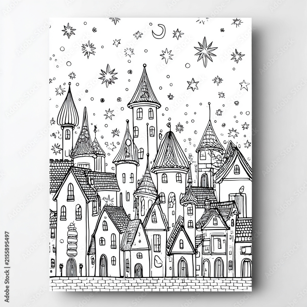 Fototapeta premium Whimsical fantasy cityscape coloring book page featuring medieval buildings, charming houses, and starry skies in clean black and white line art style. 