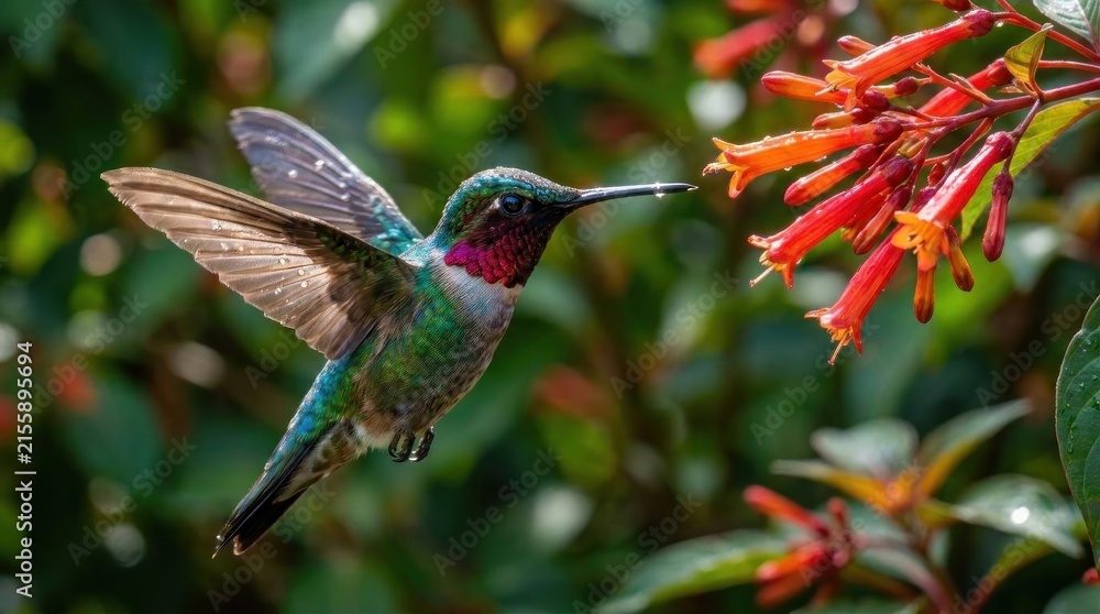 Naklejka premium Iridescent hummingbird feeding from red tubular flowers