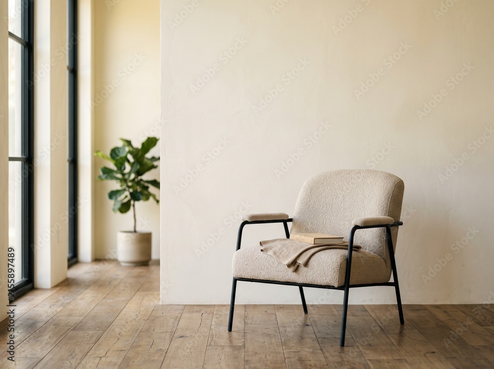 Fototapeta premium Empty White Yellow Wall Modern Minimalist Interior Armchair 