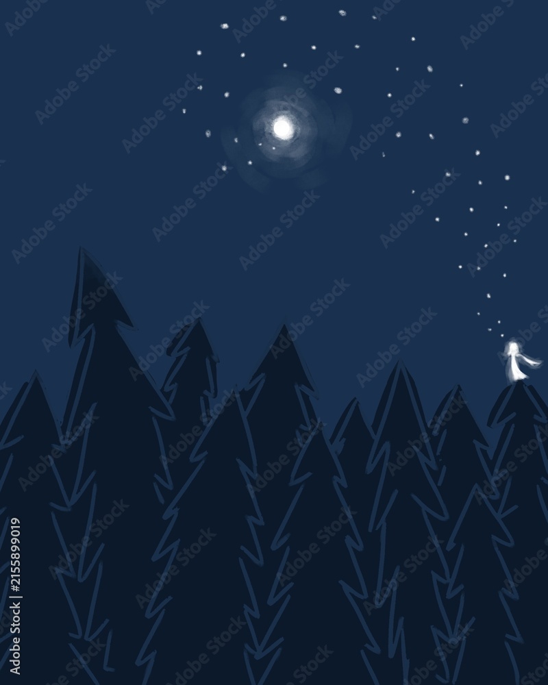 Obraz premium Crescent Moon Above Dark Pine Forest