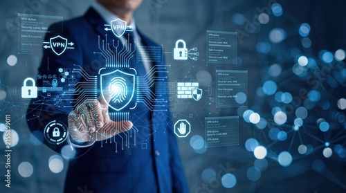 Businessman touching virtual screen with digital security icons, VPN protection, firewall and biometric fingerprint scanner for data encryption and privacy concept.