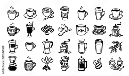 Coffee and Tea Icon Set with Cup, Mug, Grinder, Beans, French Press, and Chemex Symbols for Cafe Designs