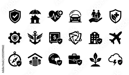 Insurance and Protection Icon Set with Shield, Umbrella, Heart, House, Car, and Family Symbols for Finance Designs