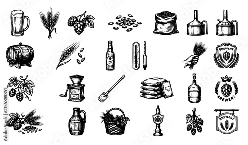 Brewery and Winery Icon Set with Wheat, Grapes, Bottle, Barrel, Beer, and Wine Symbols for Beverage Designs