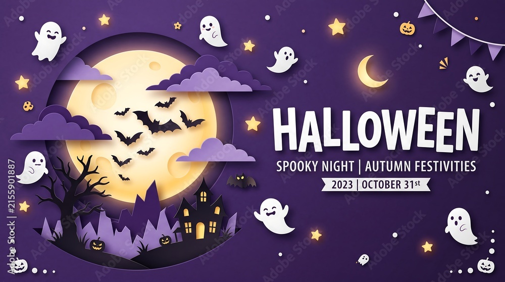 Fototapeta premium A festive purple background featuring a bright full moon and cute ghosts wishing everyone a very happy halloween