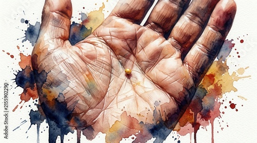 Close up watercolor illustration of the biblical parable of faith with a tiny mustard seed on the palm of a hand