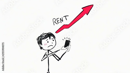 Man holds a phone, frowning at rising rent