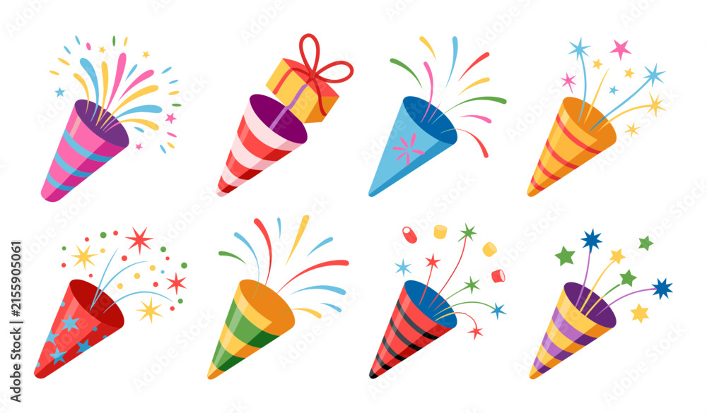Obraz premium Colorful Party Popper Vector Element Set featuring Exploding Confetti Fireworks Stars and Gift Box Symbols for Birthday Celebration Designs