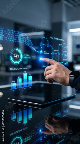 Hand interacts with holographic digital interface displaying data analytics, charts, and binary code, showcasing technology and business intelligence