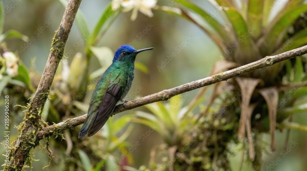 Naklejka premium Green hummingbird perched on mossy branch in tropical forest.