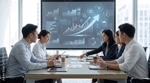 Diverse business team having a meeting in a conference room, discussing growth charts and strategies on a large screen, corporate teamwork and success concept