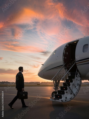 Businessman Walking Towards Private Jet at Sunset on Tarmac
