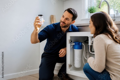 Plumber inspecting water filter with homeowner in kitchen, discussing home maintenance and repair services.